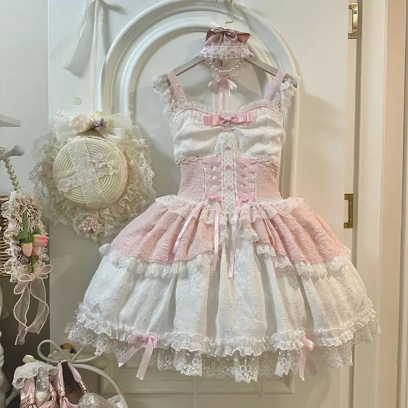 French Lolita Strap Dress Lace Patchwork Cosplay Outfit Y2K Vintage Elegant Girls Sweet Party Kawaii Dress Women Clothing 2026