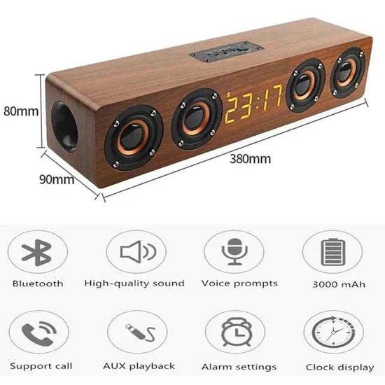 Rechargeable Wooden Alarm Clock with Bluetooth Soundbar Subwoofer Speaker and FM Radio for Home or E-sport Game Room Decoration