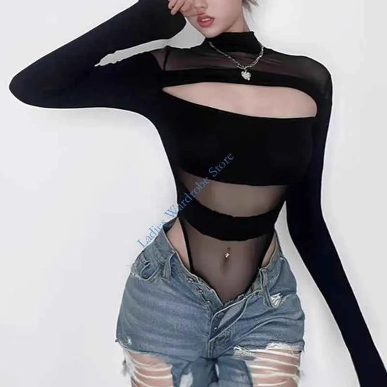 M7DD Early 2000s Fashion Encouraged Close Bodysuit Tall Collar Net Intonation Flexible Substance