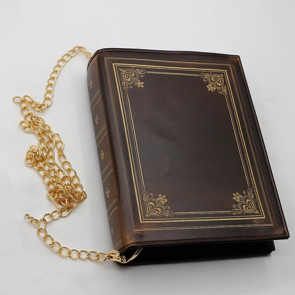Book Look Handbag Old Brown Leather Book with Gold Design Shoulder Bag Purse