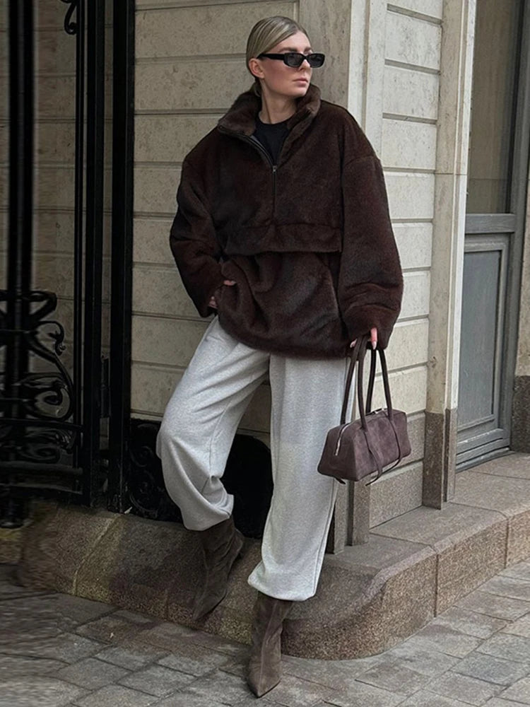 Mueyeruho 2026 Autumn Winter Women Faux Mink Fur Sweatshirt Pullover Solid Brown Streetwear Warm Long Sleeve Plush Fluffy Jacket