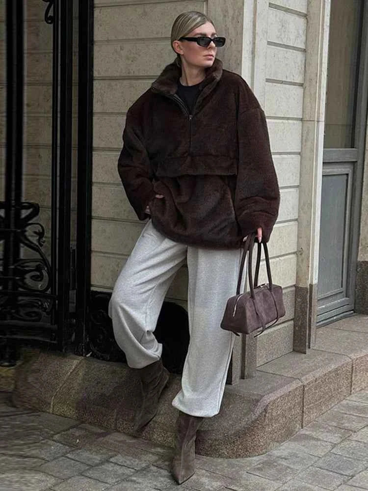 Mueyeruho 2026 Autumn Winter Women Faux Mink Fur Sweatshirt Pullover Solid Brown Streetwear Warm Long Sleeve Plush Fluffy Jacket