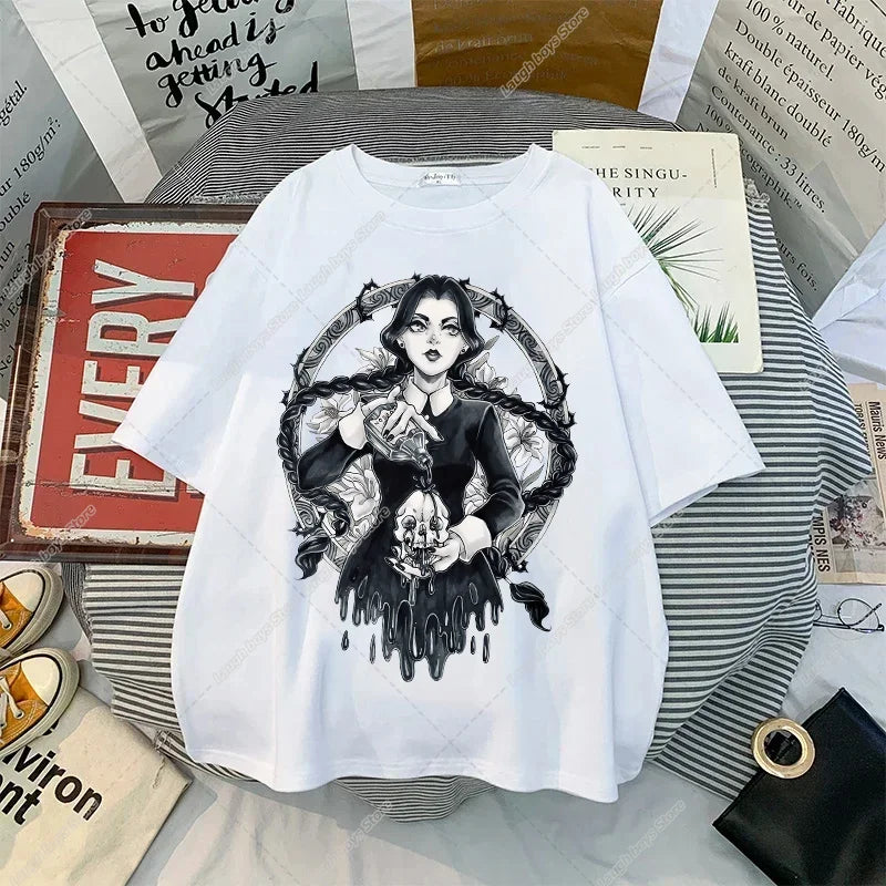 Wednesday Addams Women Casual T-shirt Summer Adult Cartoon Printed Tee Tops Girls Round Neck Clothing Short Sleeve Fashion Gifts SS69 9.69 AD0004 / 4XL