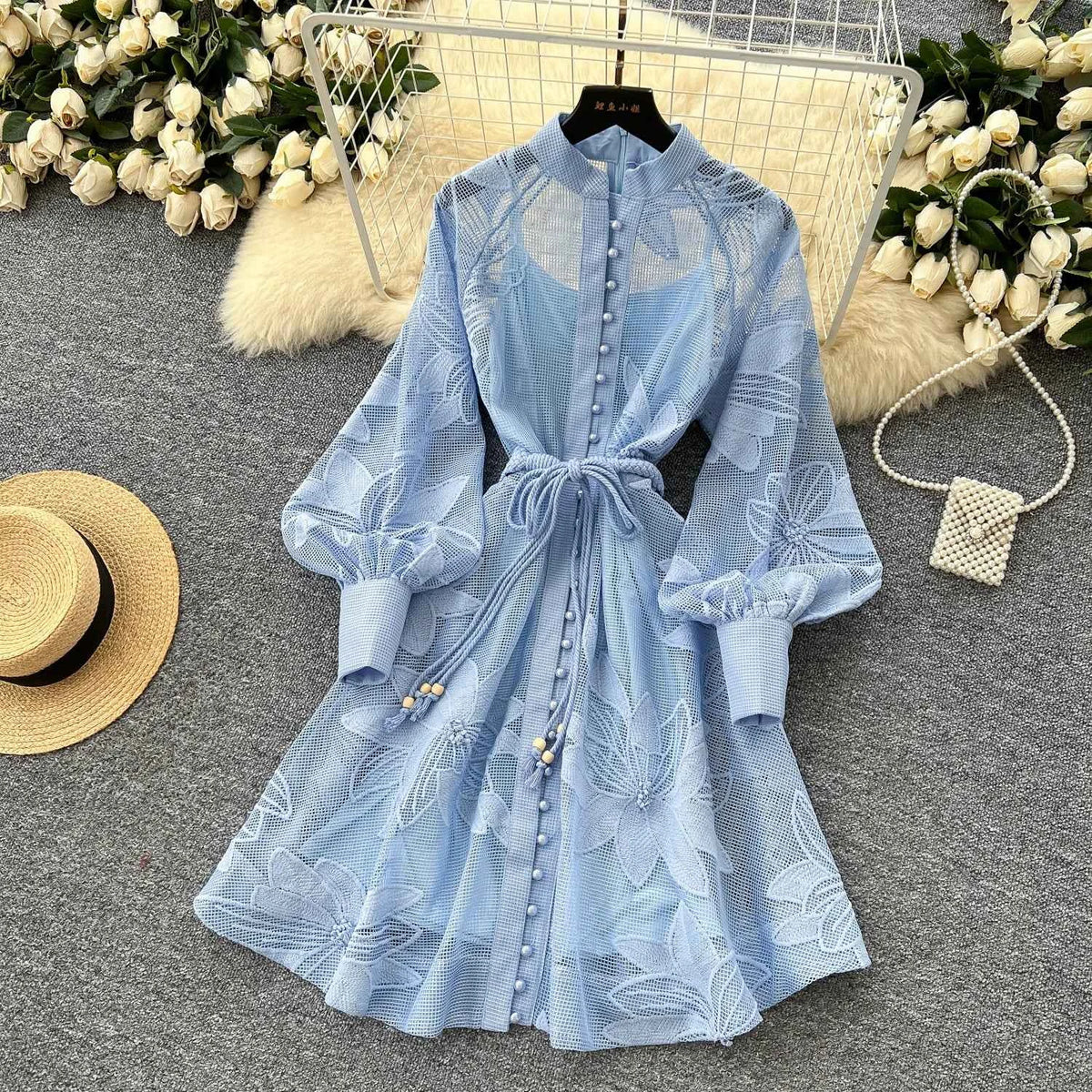 SINGREINY Women Elegant Floral Emboridery Dress Hollow Out Long Sleeve Single Breasted Belt French Court Chic Short A Line Dress