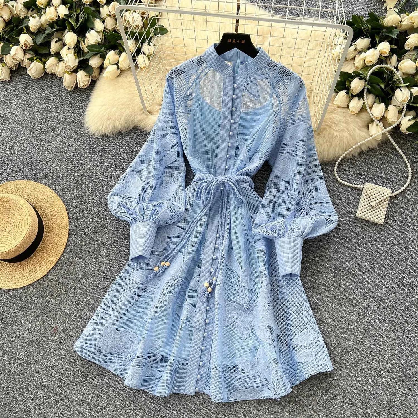 SINGREINY Women Elegant Floral Emboridery Dress Hollow Out Long Sleeve Single Breasted Belt French Court Chic Short A Line Dress