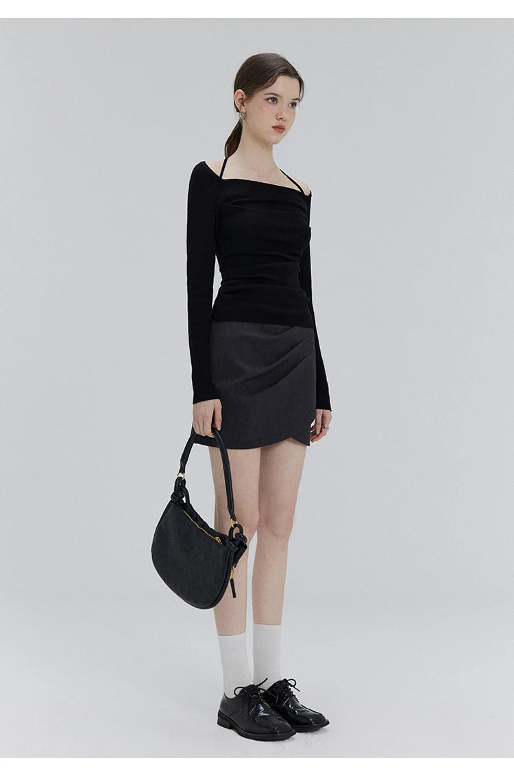 EGGKA Autumn One-shoulder Halter Neck Knitted Tops Women Slim Designer T-Shirts Slash Neck Long Sleeve Tops Korean Fashion Tees - SS69