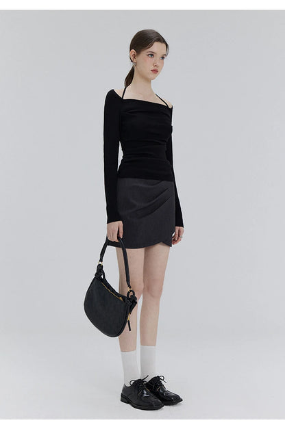 EGGKA Autumn One-shoulder Halter Neck Knitted Tops Women Slim Designer T-Shirts Slash Neck Long Sleeve Tops Korean Fashion Tees - SS69