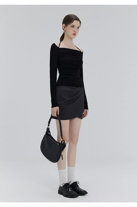 EGGKA Autumn One-shoulder Halter Neck Knitted Tops Women Slim Designer T-Shirts Slash Neck Long Sleeve Tops Korean Fashion Tees - SS69