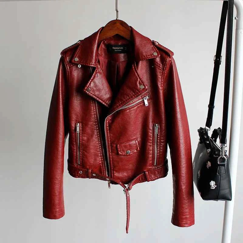 New Leather Jacket Women's Fashion Autumn PU Slim Fit Artificial Leather Motorcycle Coat Black Red Leather Jacket Women