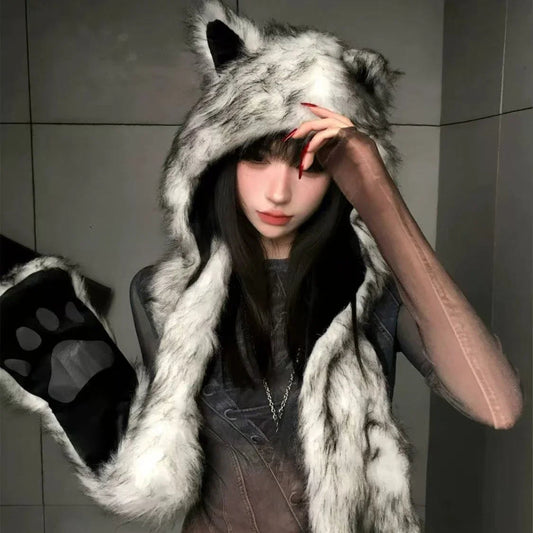 Japanese Kawaii Cute Fur Scarf Hat Winter Keep Warm Y2k Aesthetic Fashion Vintage Cap Bears Ears Women Hats Grunge Streetwear SS69