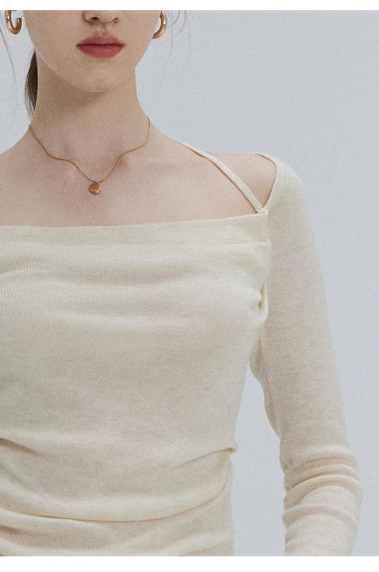 EGGKA Autumn One-shoulder Halter Neck Knitted Tops Women Slim Designer T-Shirts Slash Neck Long Sleeve Tops Korean Fashion Tees SS69