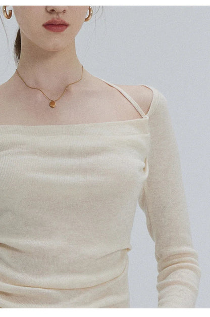 EGGKA Autumn One-shoulder Halter Neck Knitted Tops Women Slim Designer T-Shirts Slash Neck Long Sleeve Tops Korean Fashion Tees SS69