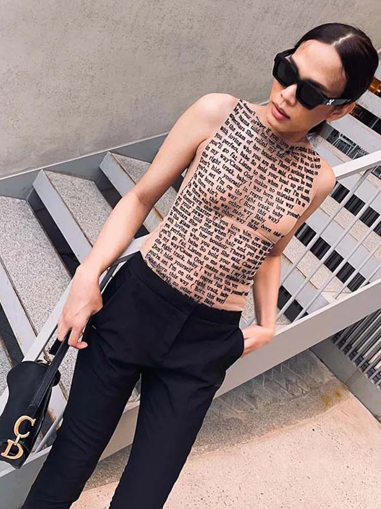 Fashion Trendy Round Collar Sleeveless Tank Mesh Sexy Article Print Slim Casual Top Women Hipster Wear SS69