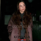 KONDALA Casual Chic Chocolate Brown Leather Fur Coat Women Double Wear Buttons Pockets Jacket Fashion 2025 Autumn Winter Outwear