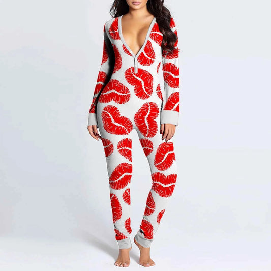 Sexy Women Pajamas Onesies Button-down Buttoned Flap Adults Pyjama Autumn Long Sleeve V-neck Jumpsuit Female Bodysuit Sleepwear