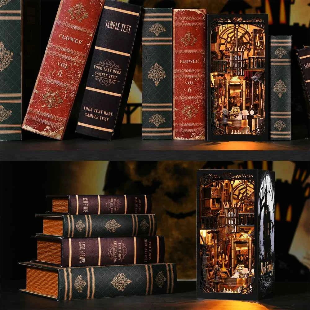 Book Nook Kit Dark Family DIY Wooden Puzzle Gothic style Halloween Bookshelf Dollhouse Model Bookend Building Home Decoration