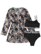 Hot Selling Women Bikini 3 Pieces Suit Black/Green/Red Bikini Sets With Long Sleeved Cover Ups High Quality Size Small-XXLarge SS69