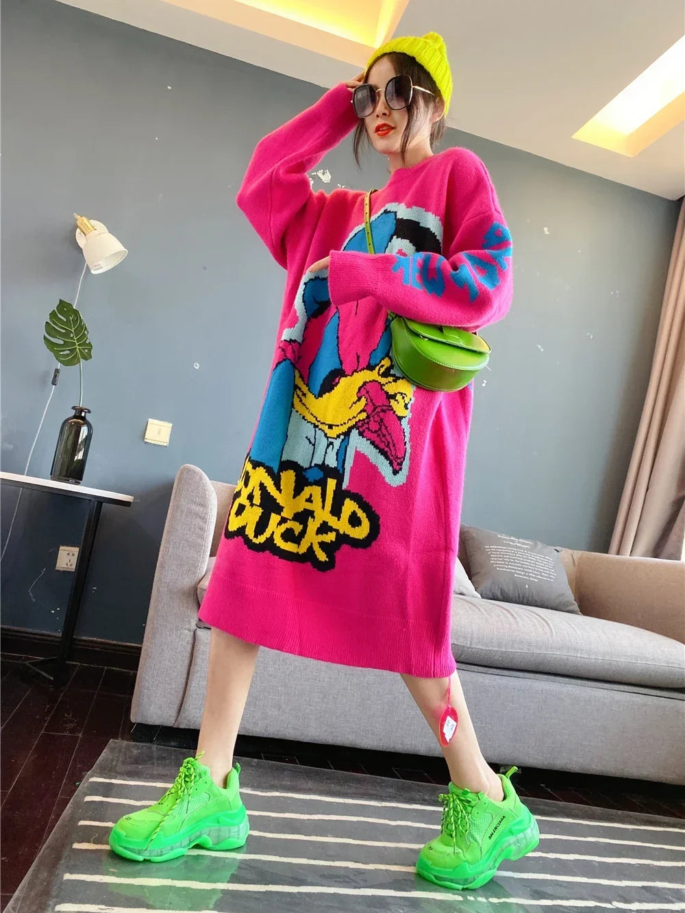 Korean Long-Sleeved Pullover Sweater Loose Fashion Women Autumn Winter Cartoon Embroidered Thickened Long Section Knitted Top SS69