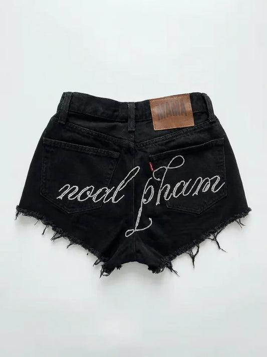 Black Rhinestone Distressed Denim Shorts Women Y2K Streetwear Vintage Frayed Oversized Cotton Casual Urban Fashion Summer Shorts