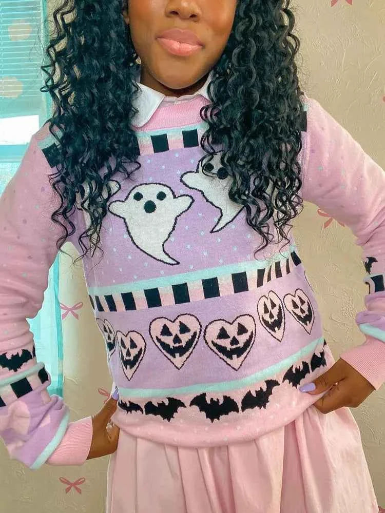 Yangelo Pink Kawaii Sweater Women's Knitted Top Gothic Ghost Bat Pattern Autumn Winter Warm Fairy Grunge Clothing