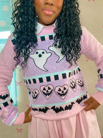 Yangelo Pink Kawaii Sweater Women's Knitted Top Gothic Ghost Bat Pattern Autumn Winter Warm Fairy Grunge Clothing