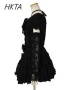 Japanese Sweet Heavy Industry Splicing Sleeve Strap Lace Bow Lace Shirt Summer Autumn New Elastic Slim Long-sleeve Tshirt Top