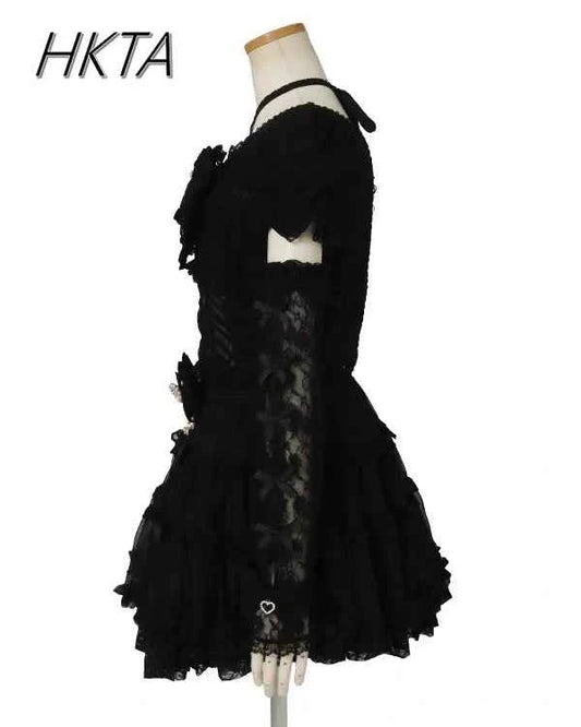 Japanese Sweet Heavy Industry Splicing Sleeve Strap Lace Bow Lace Shirt Summer Autumn New Elastic Slim Long-sleeve Tshirt Top