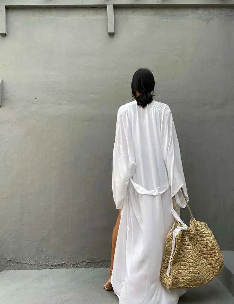Solid Beach Cover Up Women Self Belted Wrap Kimono Dress Swimsuit 2025 New Robe Summer Beachwear Factory Supply