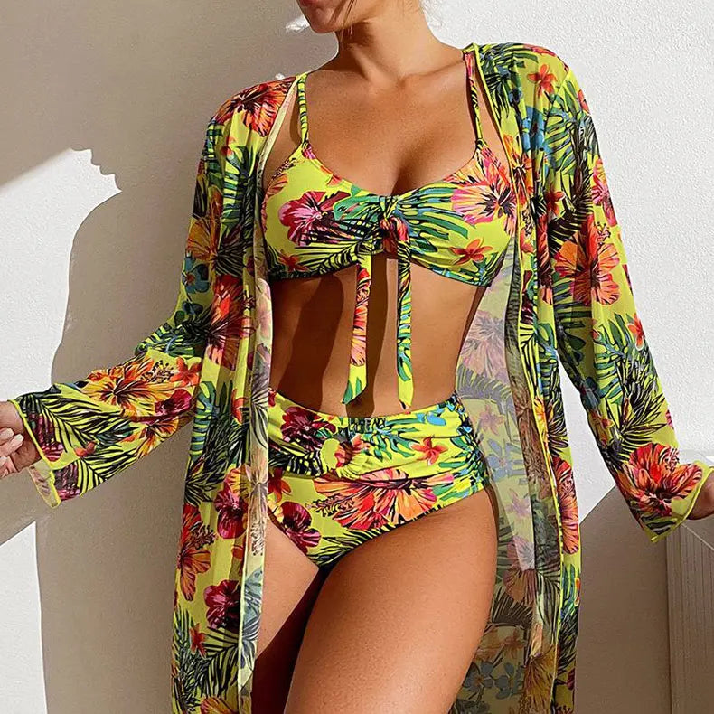 Size S-3XL Bikini Three Pieces Floral Printed Swimsuit Women Bikini Set With Mesh Long-Sleeved Blouse,Bra Top with Pad Swimwear SS69