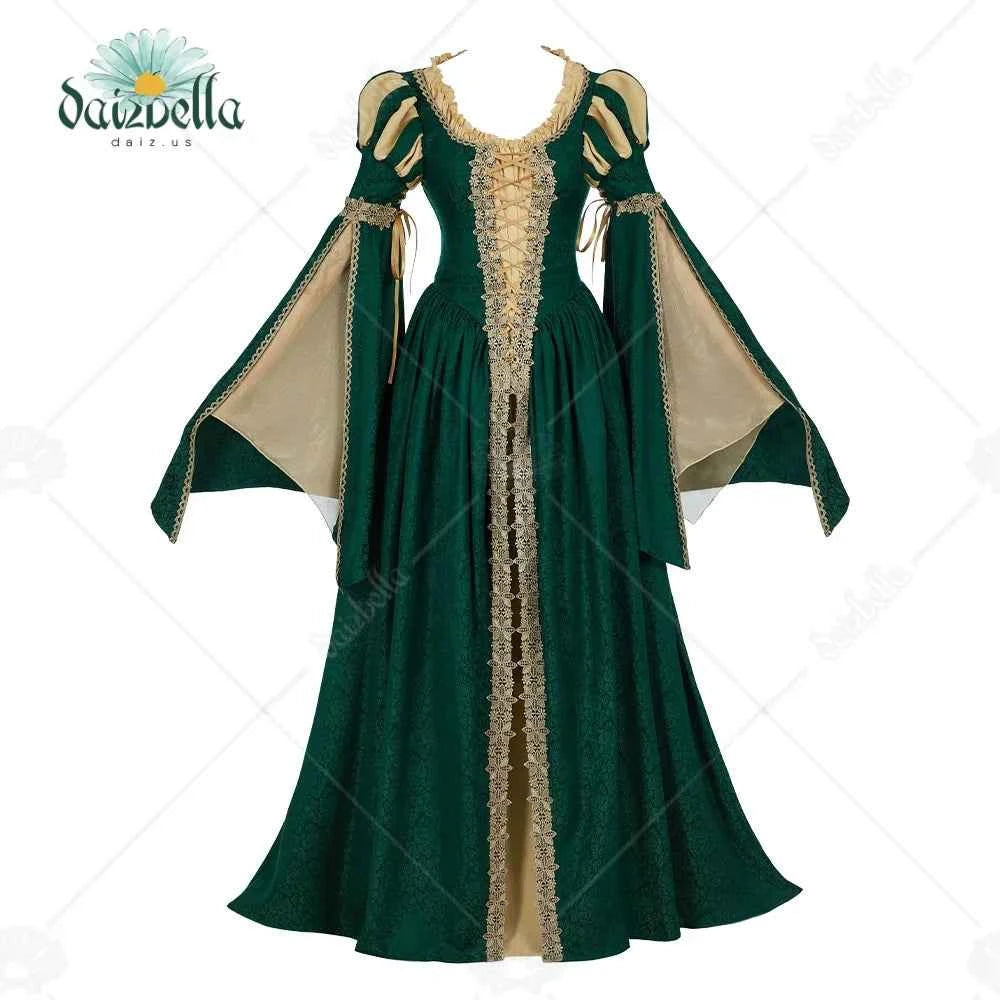 DAIZBELLA Women Medieval Renaissance Costume Pseudo-two-piece Vintage Renaissance Fair Dress with Wide Sleeves Lace