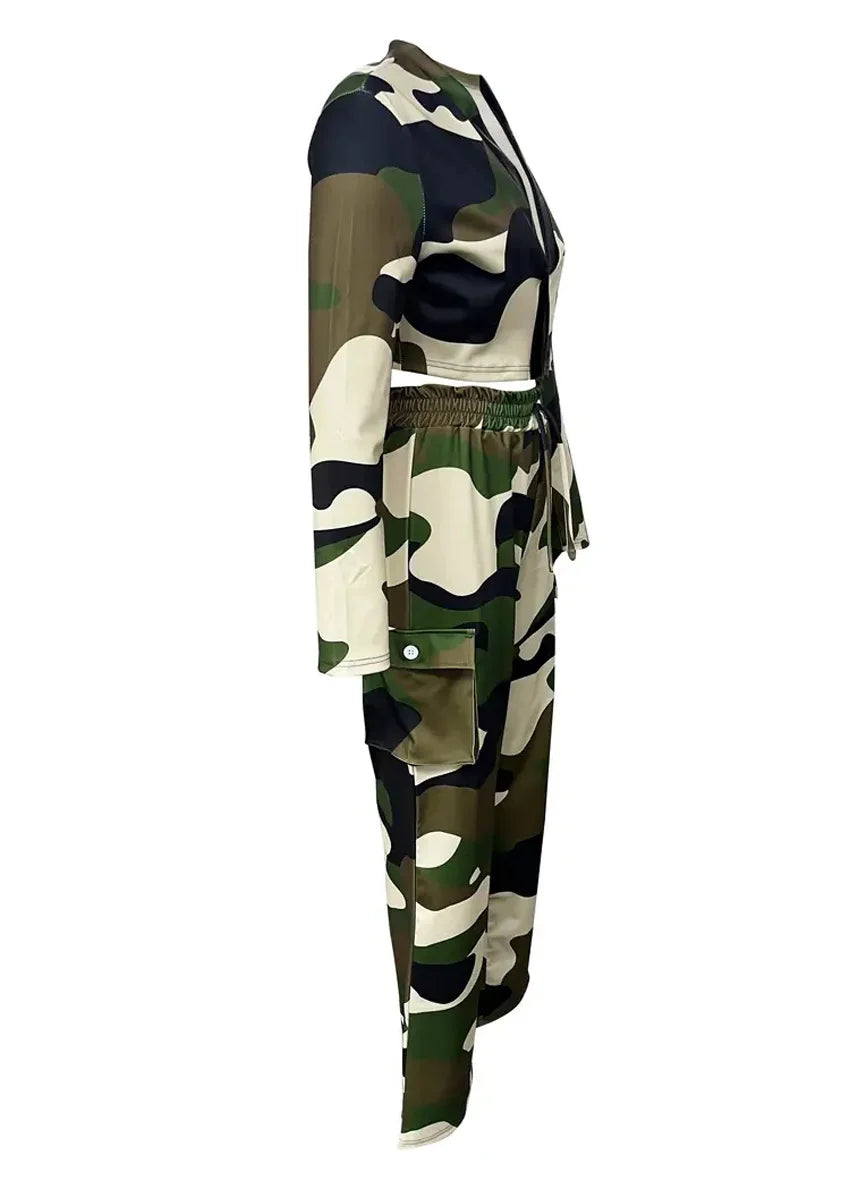 Camo Print Cargo Pants Sets Sexy Crop Tops & Elastic High Waist Wide Leg Trousers Women's Two Pieces Set Casual SweatOutfits SS69
