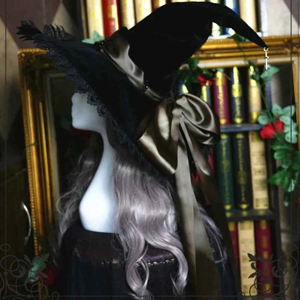Handmade Lace Witch Pointed Hats Bandage Bow Wizard Hat Adult Gothic Lolita Cosplay Costume Halloween Party Bucket Hat