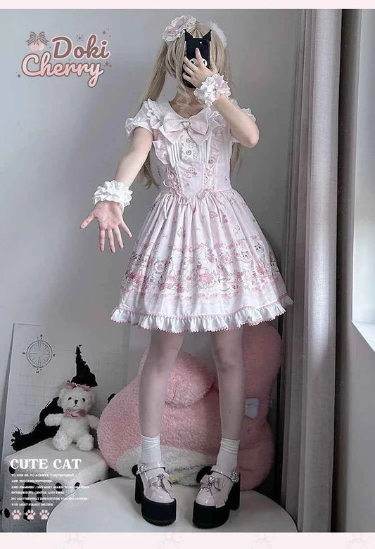 Original New Spring Summer Cute Print Short-sleeved Lolita OP Dress Japanese Sweet Girl Mass-produced Kawaii Bow Short Dresses