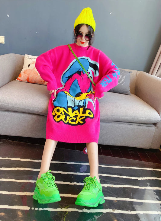 Korean Long-Sleeved Pullover Sweater Loose Fashion Women Autumn Winter Cartoon Embroidered Thickened Long Section Knitted Top SS69