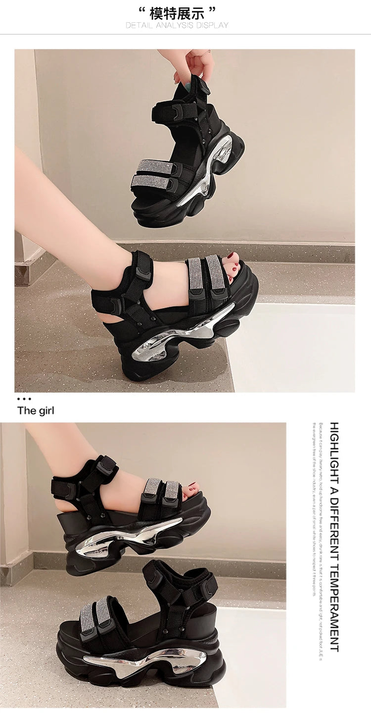 Summer High Platform Women Sandals Buckle 10CM Wedges Bling Shoes Fashion 2023 Outside Chunky Sandals Beach Casual Slides Woman SS69