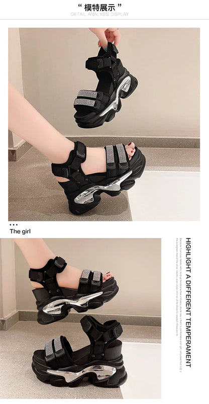Summer High Platform Women Sandals Buckle 10CM Wedges Bling Shoes Fashion 2023 Outside Chunky Sandals Beach Casual Slides Woman SS69
