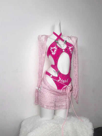 Original Barbie Powder Flash Three-dimensional Rivet-cut Onesie Tattered Wool Knitted Skirt Spice Girl For Suit SS69