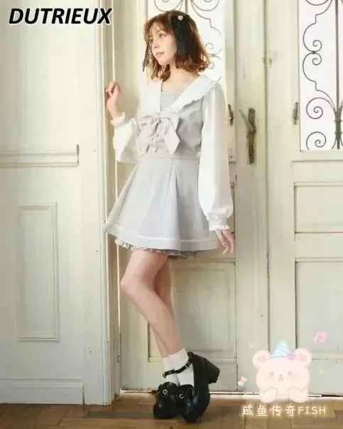 Japanese Style Women's Outfits Sailor Collar Plaid Rhinestone Bow Dress Shorts Set Sweet Lolita Mine Series Dress Two-Piece Suit