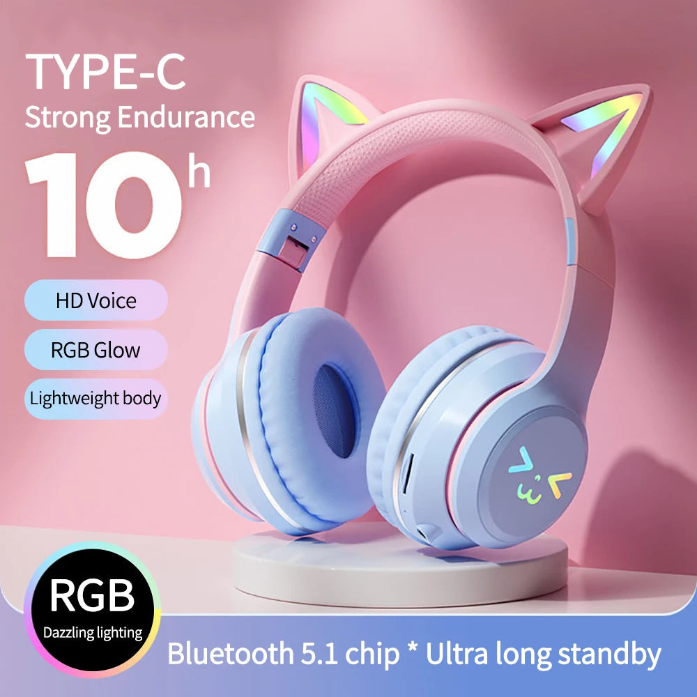 Gradient wireless Headphones RGB cute cat ear Bluetooth Earphones with microphone Stereo Music Game Earphone Girls Kids Gifts SS69