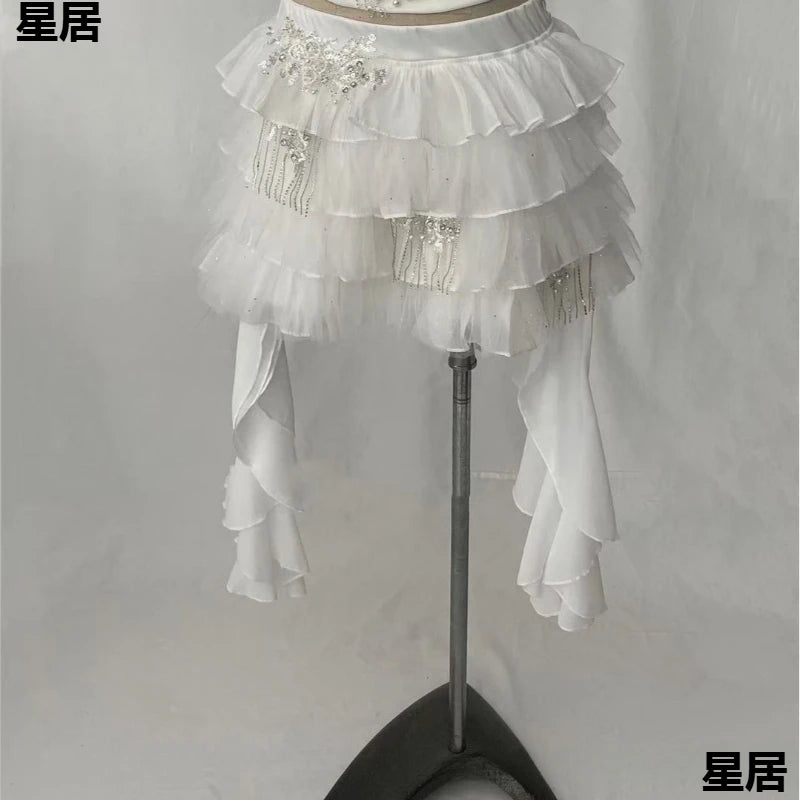 Women's Rhinestone Sling Top & Ruffled Skirt Jazz Dance Costume