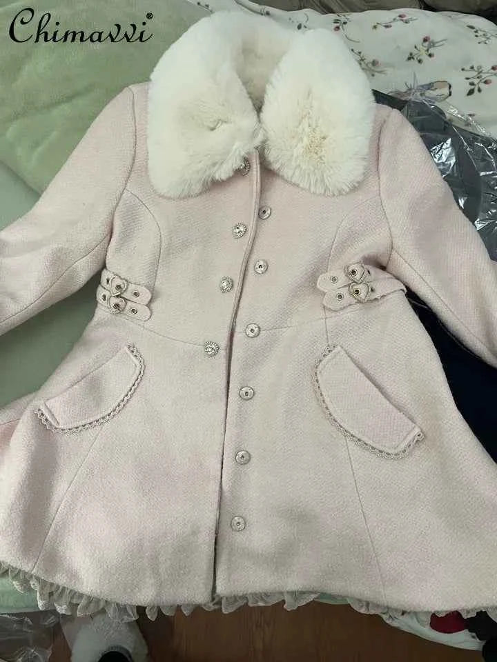Japanese Sweet Bow Slim Medium Long Woolen Coat Winter New Faux Fur Collar Lolita Girl Women's Pink White Wool Jacket Overcoat