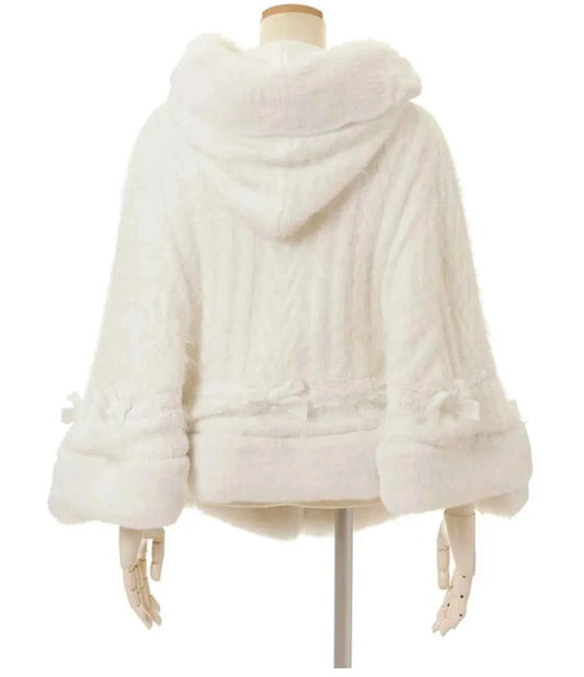 Japanese Sweet Soft Thick Women's Double-Layer Big Ribbon Hooded Knitted Cloak 3 Colors Autumn and Winter Ponchos Warm Jacket
