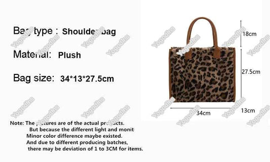 Winter Faux Fur ,Leopard Print Designer Shopper Totes, Fashion Soft Plush Women Shoulder Bags, Large Capacity Handbags and Purse