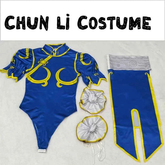 Women's Street Fighter Chun Li Cosplay Costume Game Fighter Chunli Blue Cheongsam with Headdress and Waistband Halloween Costume