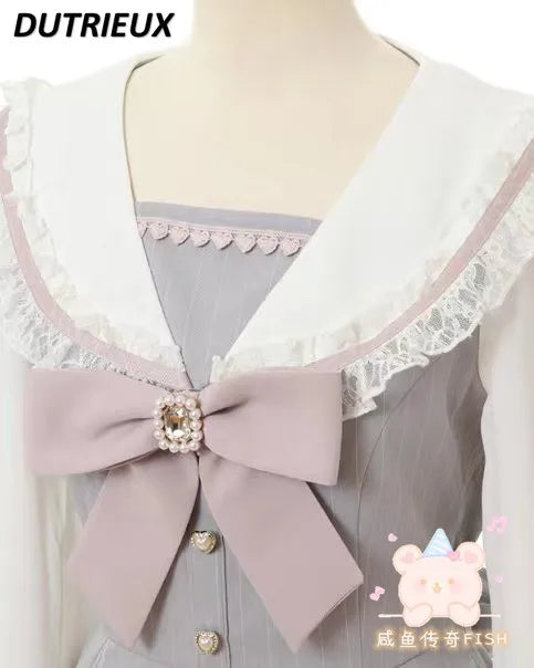 Geyalovvy Women's Lolita Sailor Collar Plaid Rhinestone Bow Two-Piece Set