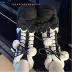 pink Sweet Winter Girls Lolita Mid-Calf Snow Boots,Cute Female Students Plush Warm Bowknots Lace Up Wedge Heel Heightening Shoes