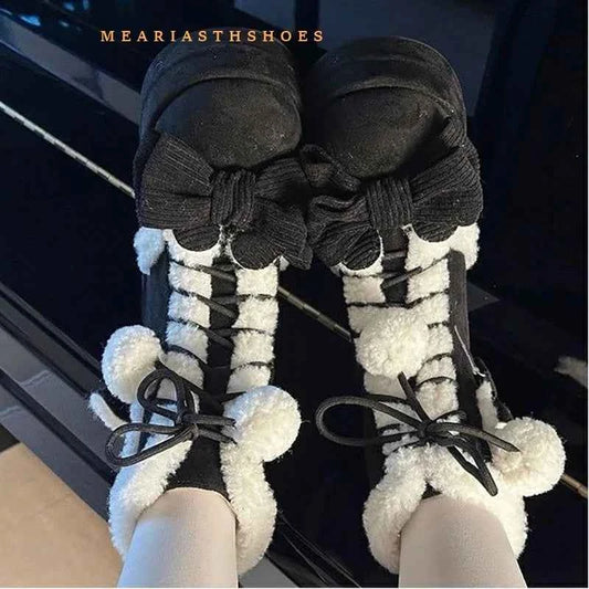 pink Sweet Winter Girls Lolita Mid-Calf Snow Boots,Cute Female Students Plush Warm Bowknots Lace Up Wedge Heel Heightening Shoes
