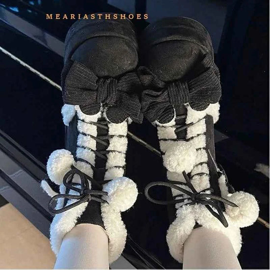 pink Sweet Winter Girls Lolita Mid-Calf Snow Boots,Cute Female Students Plush Warm Bowknots Lace Up Wedge Heel Heightening Shoes