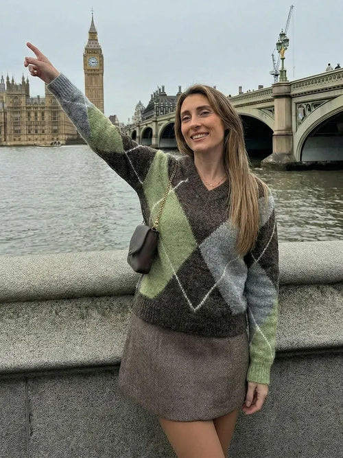 HH 2026 Spring Sweater For Women Elegant Fashion Diamond Plaid Knitted Pullover Sweater Loose Oversized High Street Lady Tops