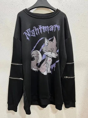 Harajuku Printed Black Zipper Hoodie